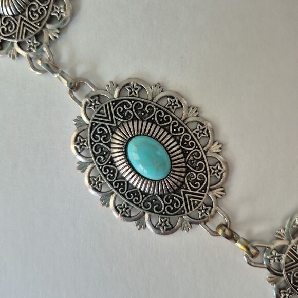 Western Aztec Boho Silver Tone Concho Turquoise Waist Chain Belt Womens 51 IN - Picture 2 of 7